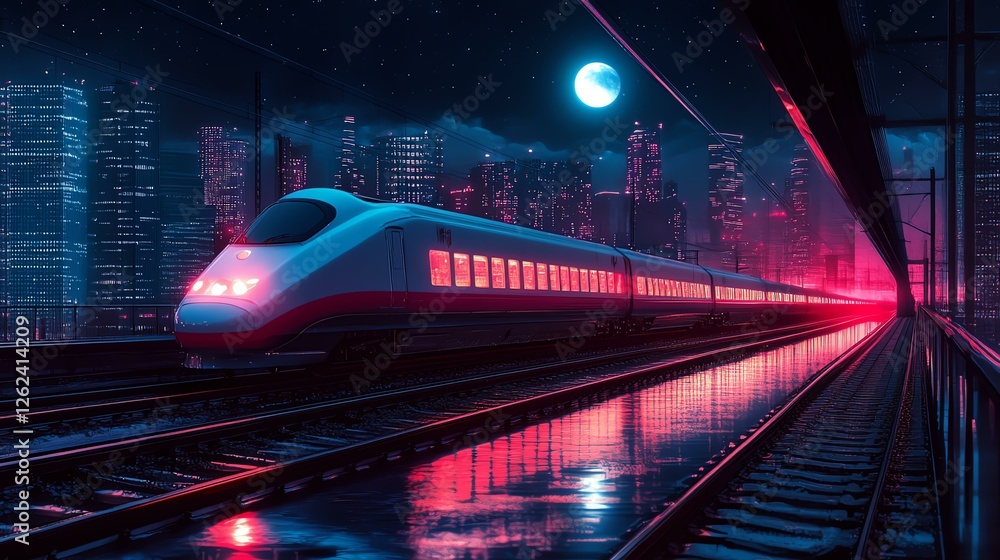 Fototapeta premium Futuristic Train Passing Through Neon Cityscape at Night