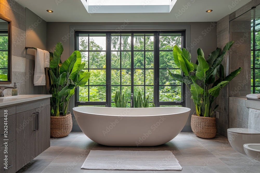 Fototapeta premium Modern bathroom with freestanding tub and large windows showcasing lush greenery