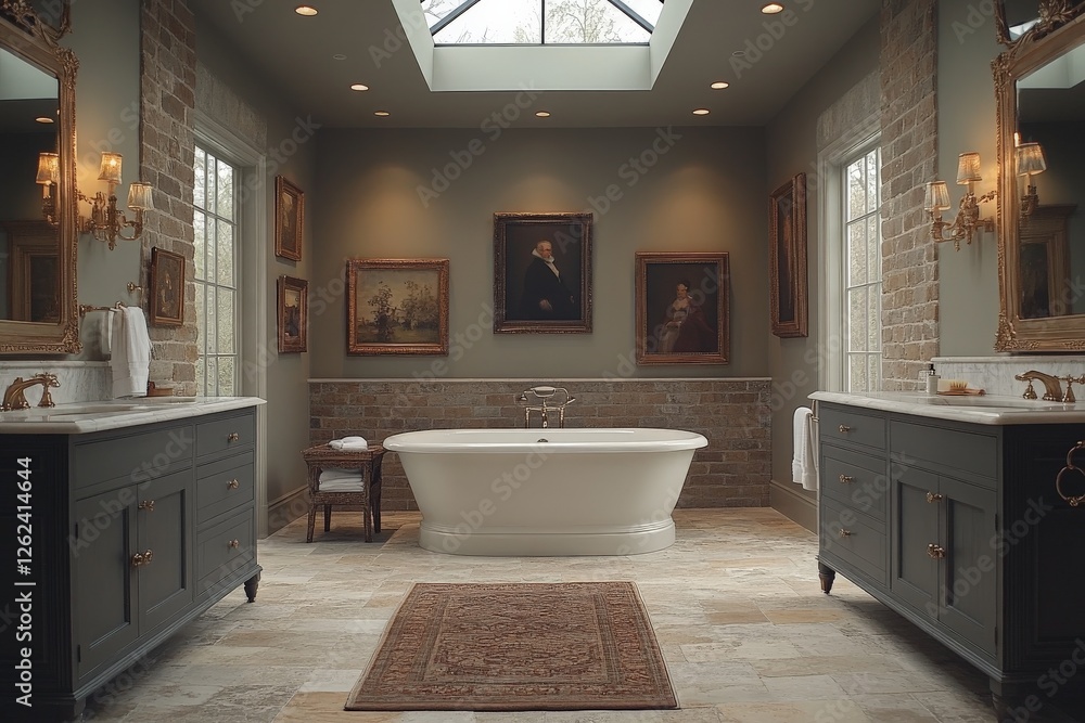 Fototapeta premium Luxurious bathroom with vintage decor featuring a freestanding tub and elegant lighting in a cozy, natural setting