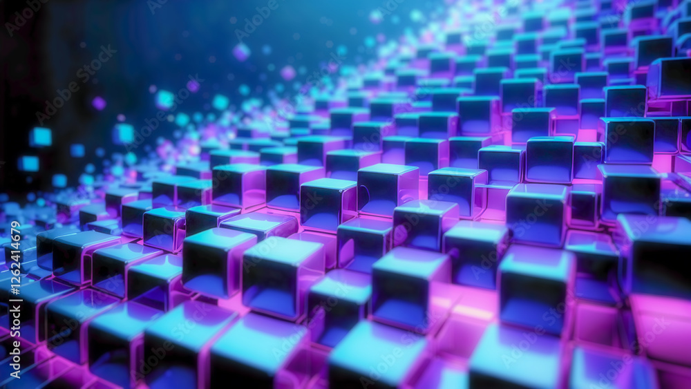 Abstract blurry cyber background with blue and purple neon cubes crumbling and waving. Concept of digital data streaming. Abstract blurry cyber background with blue and purple neon cubes crumbling and waving. Concept of digital data streaming.