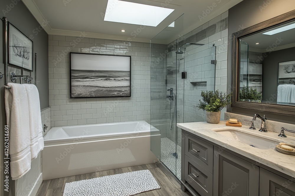 Fototapeta premium Modern bathroom design featuring a seamless shower, white bathtub, and stylish decor in a well-lit space