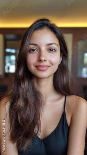Young woman with long hair smiles warmly in a cozy indoor setting, showcasing natural beauty and tranquility Free Download Young woman with long hair smiles warmly in a cozy indoor setting, showcasing natural beauty and tranquility - GFXLoad