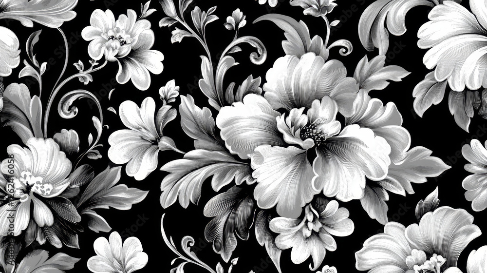 Black and white seamless floral pattern in retro damask style Black and white seamless floral pattern in retro damask style