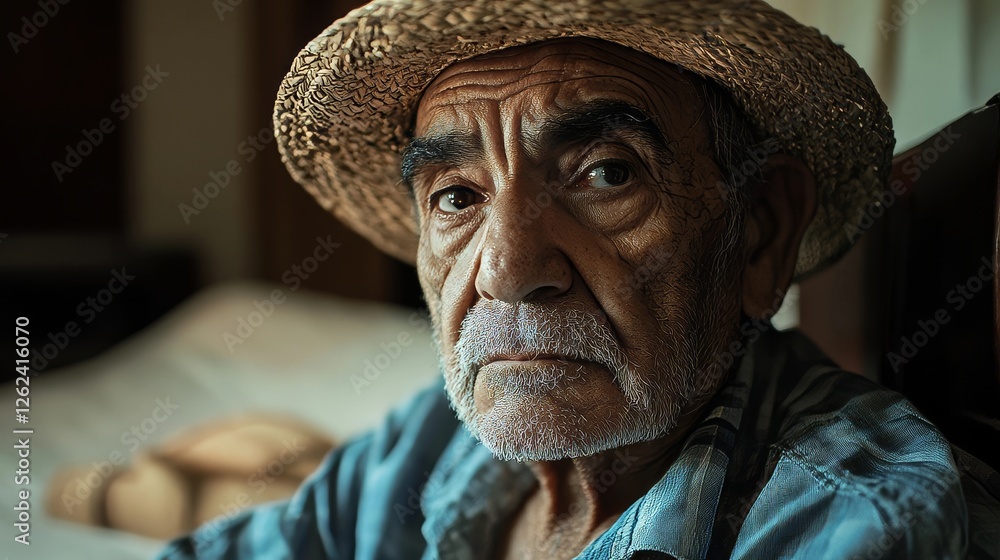 Elderly man with a thoughtful expression wearing a straw hat sits indoors in a casual setting Elderly man with a thoughtful expression wearing a straw hat sits indoors in a casual setting