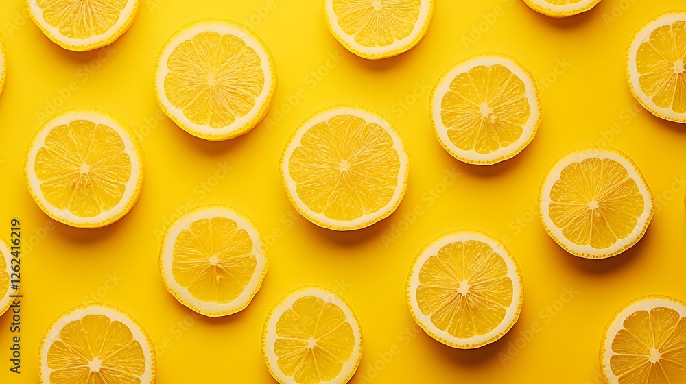 Bright Lemon Slices Arranged on Vibrant Yellow Background in Pattern evoking a sense of zest and refreshment Bright Lemon Slices Arranged on Vibrant Yellow Background in Pattern evoking a sense of zest and refreshment