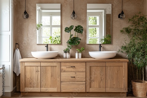 Stylish bathroom with wooden vanity, modern sinks, and natural light streaming through large windows