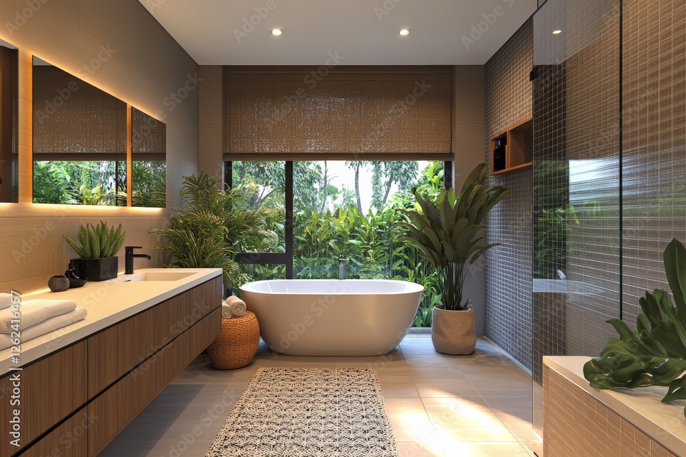 Fototapeta premium Modern bathroom design features elegant tub and abundant greenery in a serene setting
