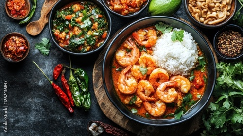 Spicy shrimp curry with rice and assorted side dishes on dark background photo