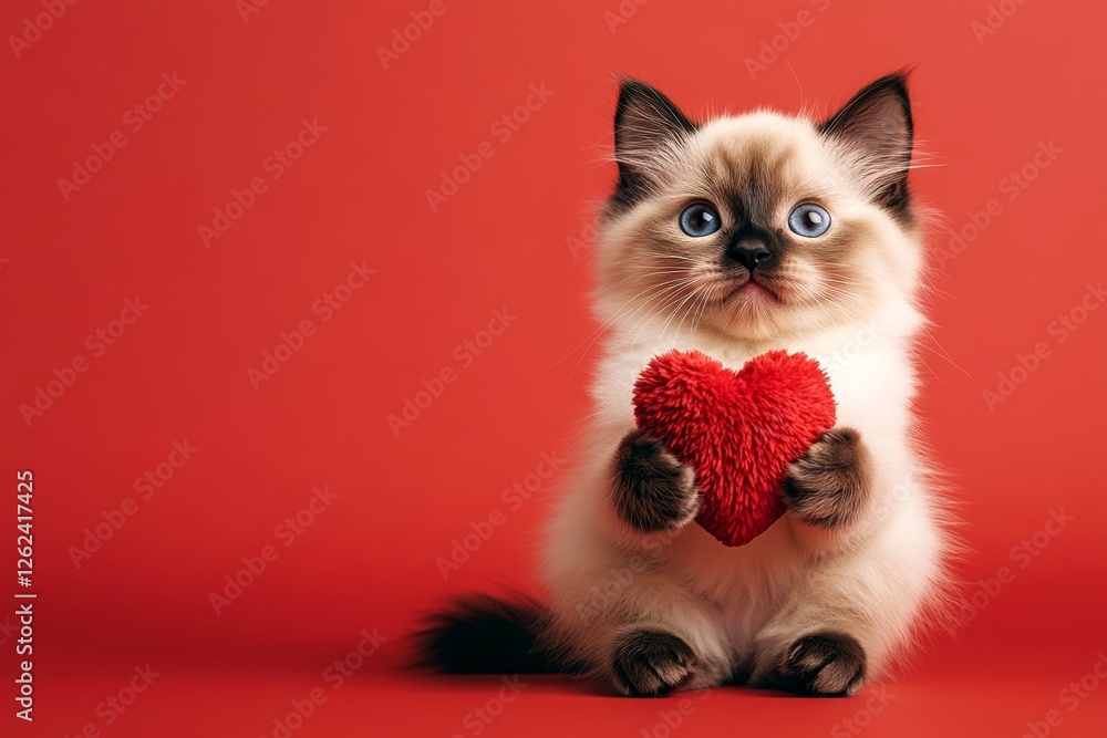 Ragdoll - my cherished cat. Cute ragdoll baby feline with fluffy red heart - symbol of love, funny greeting card. Digital ads visual idea layout. Romantic valentine love. Valentine's card pet. Ragdoll - my cherished cat. Cute ragdoll baby feline with fluffy red heart - symbol of love, funny greeting card. Digital ads visual idea layout. Romantic valentine love. Valentine's card pet.