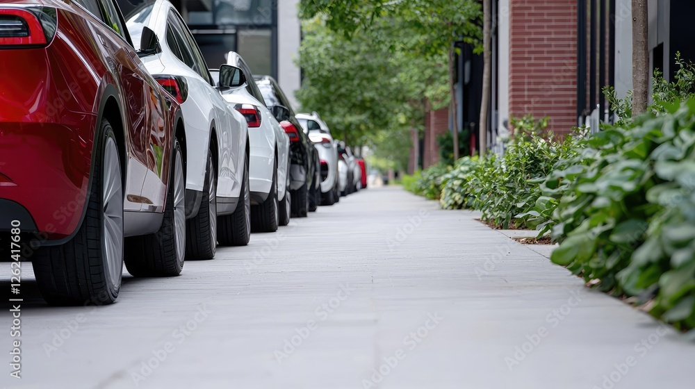 Fototapeta premium Electric cars parked on city sidewalk, green landscaping