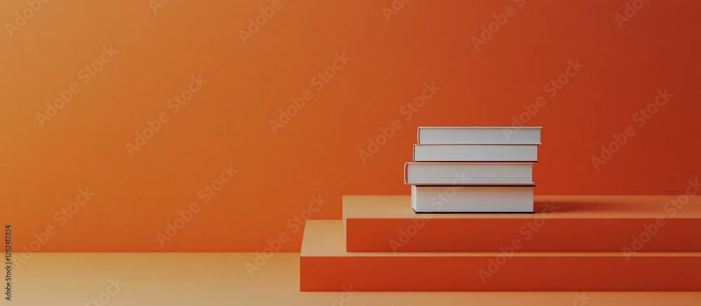A minimalist display of stacked white books on orange steps against a vibrant backdrop A minimalist display of stacked white books on orange steps against a vibrant backdrop