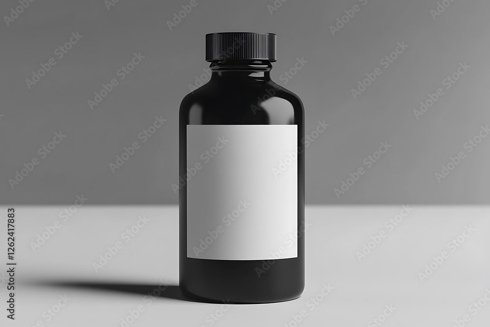 a minimalist studio shot of a black glass bottle with a blank white label- ideal for product mockups and presentations- highlighting simplicity and modern design against a neutral background a minimalist studio shot of a black glass bottle with a blank white label- ideal for product mockups and presentations- highlighting simplicity and modern design against a neutral background