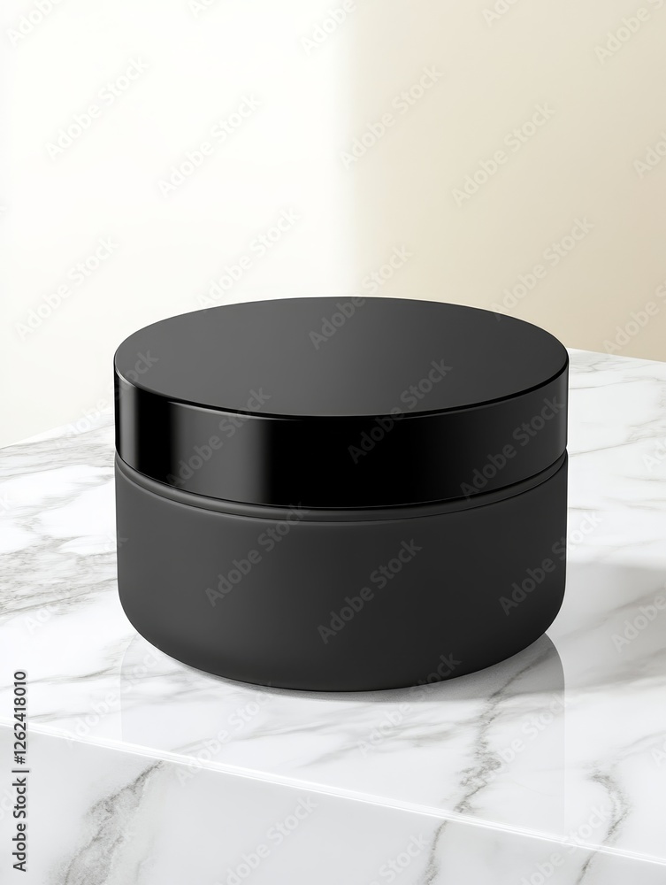 Elegant black cosmetic container on a marble surface with soft lighting and neutral background Elegant black cosmetic container on a marble surface with soft lighting and neutral background