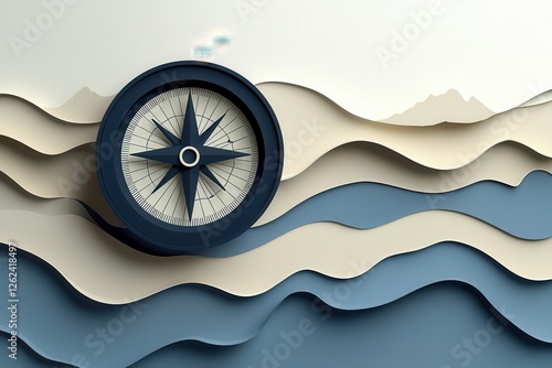 Compass on Abstract Wavy Landscape - Direction, Guidance, and Exploration Concept