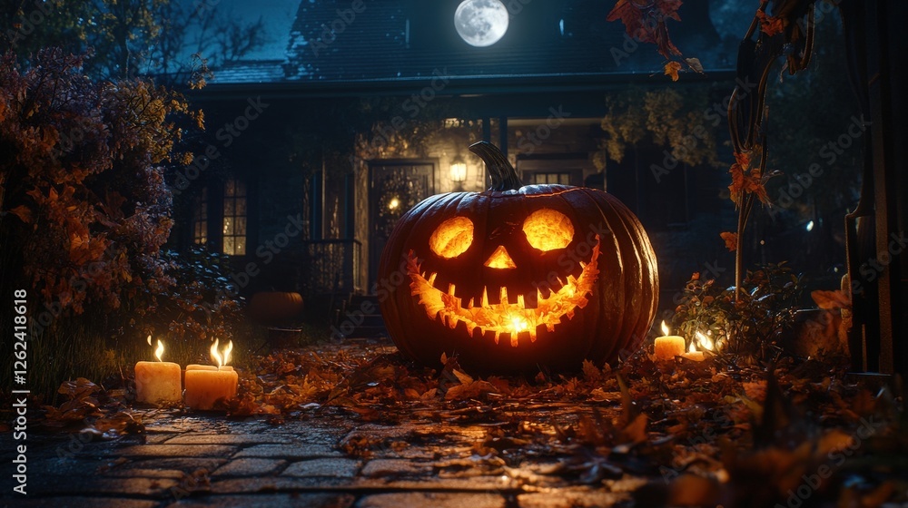 A glowing jack-o'-lantern sitting on a doorstep, surrounded by flickering candles and autumn leaves. A glowing jack-o'-lantern sitting on a doorstep, surrounded by flickering candles and autumn leaves.