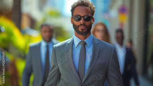 Confident black businessman in sunglasses walking in city portrait image. Business man suit cityscape picture photorealistic photography. Organizational culture concept photo realistic photo