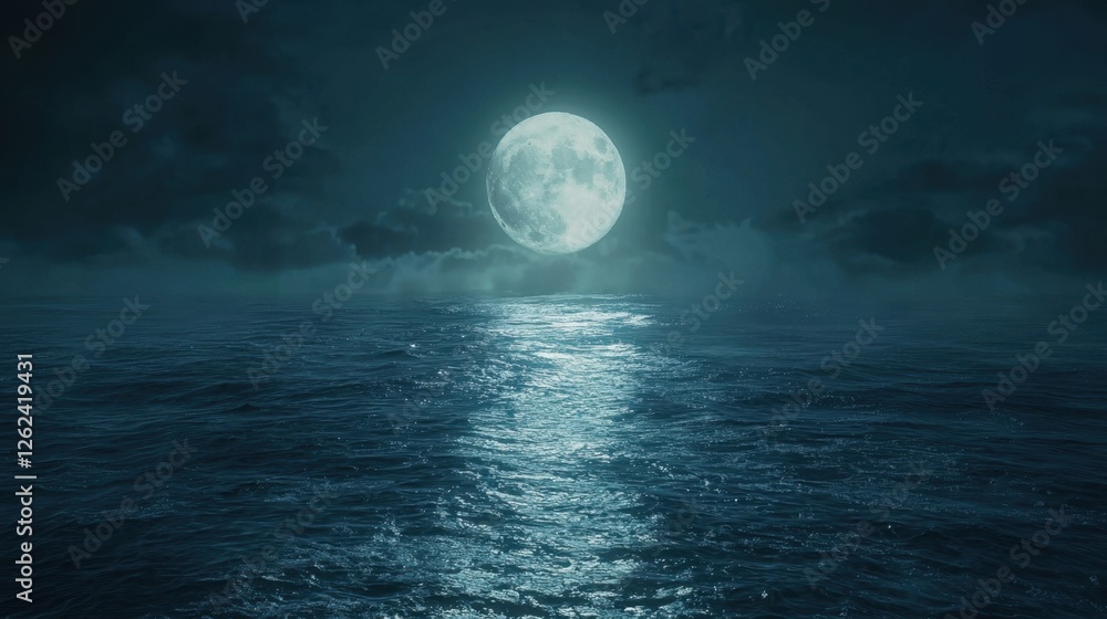 Fototapeta premium Full moon illuminating the ocean waters under a dark night sky with scattered clouds