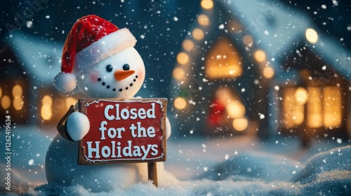 Snowman holds sign announcing closure during holidays in a winter wonderland