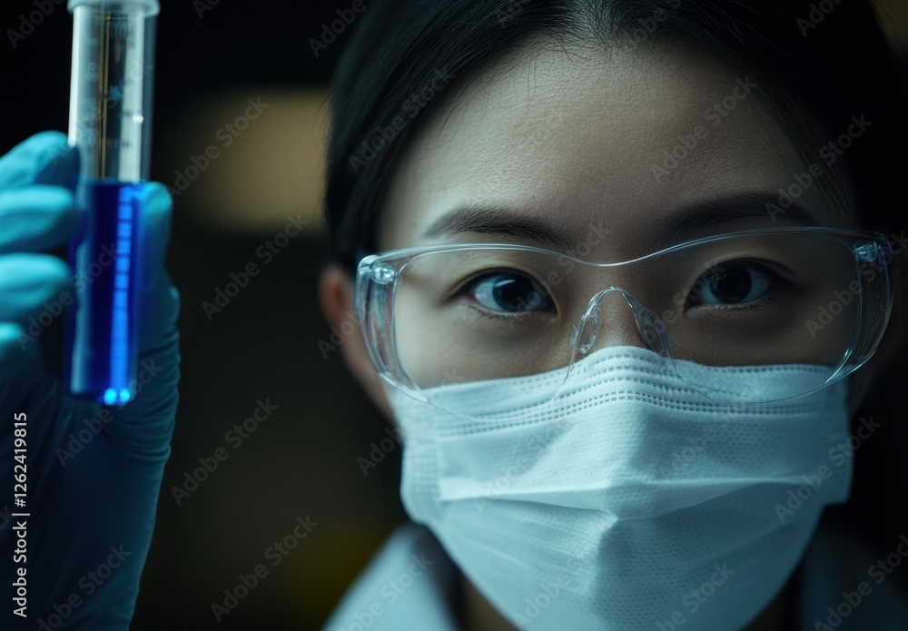 A woman wearing a lab coat and a mask holding a blue liquid in a test tube A woman wearing a lab coat and a mask holding a blue liquid in a test tube