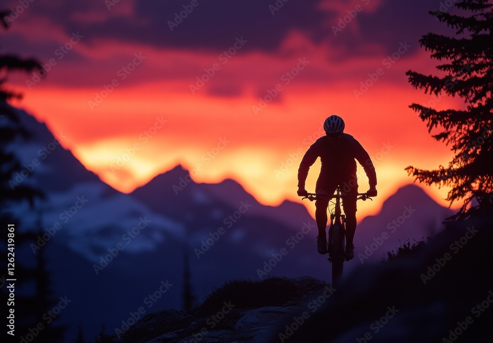 Fototapeta premium A man is riding a bike in the mountains at sunset