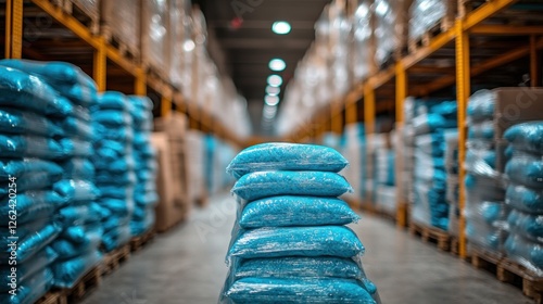 Stacked blue bags of material in warehouse aisle, lots of storage photo