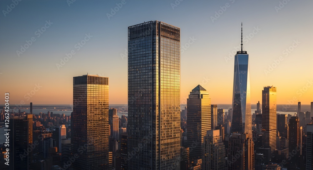 Fototapeta premium City Skyline at Sunset with Golden Light on Skyscrapers