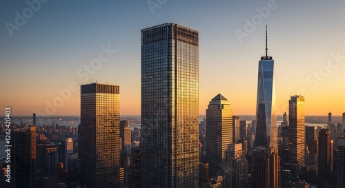 City Skyline at Sunset with Golden Light on Skyscrapers