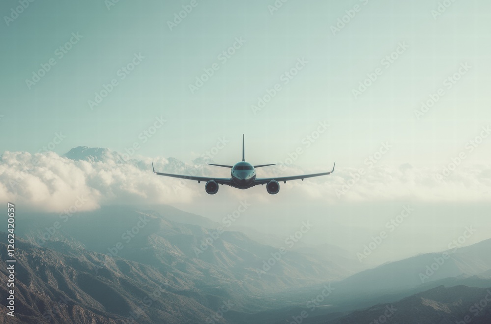 Fototapeta premium A large jet plane is flying through the sky above a mountain range