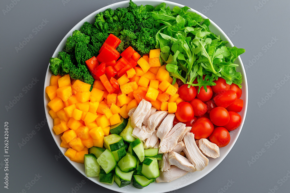 Smooth chicken salad with fresh vegetables on a gray background, top view. The concept of healthy eating and dieting is the idea that food can be used to express your full potential for well-being or Smooth chicken salad with fresh vegetables on a gray background, top view. The concept of healthy eating and dieting is the idea that food can be used to express your full potential for well-being or