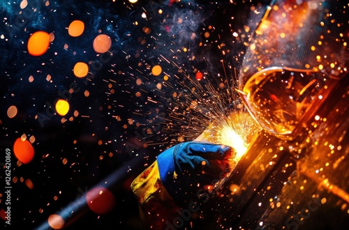 A man is welding a piece of metal, surrounded by sparks and smoke photo