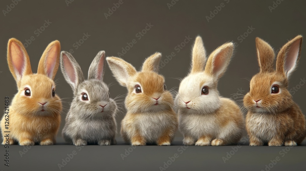 Fototapeta premium Group of cute rabbits sitting in a row with fluffy fur and expressive faces in a neutral background during daylight