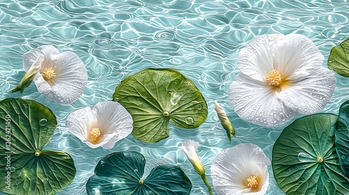 Floating flowers on water, serene, botanical, aesthetic display, visual, still life photo