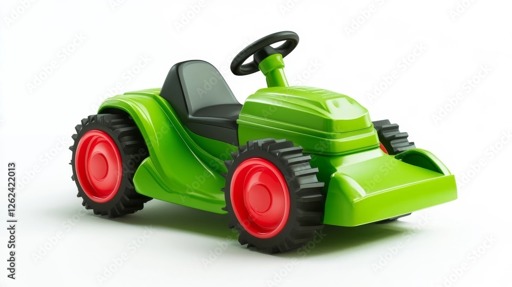 Obraz premium Bright green toy tractor with red wheels designed for children in a playful setting indoors