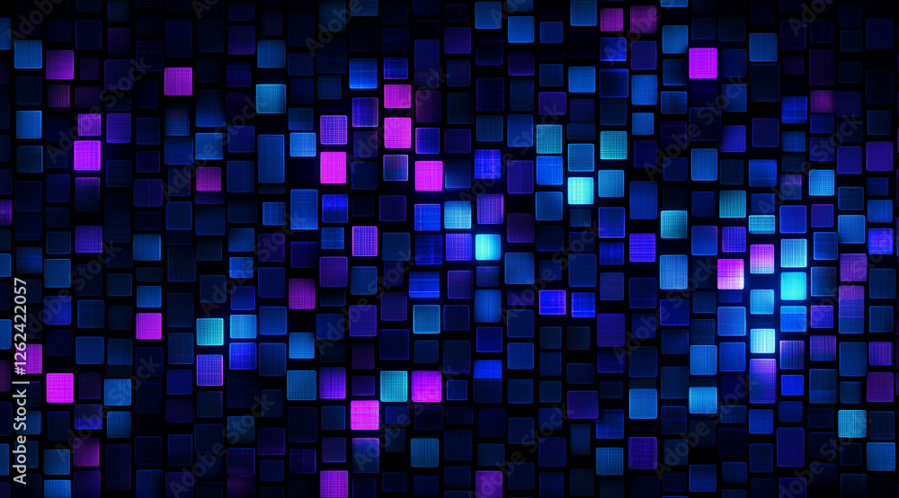 3D render of a wall of black cubes with glowing blue and purple lights, a background for a digital design or technology concept 3D render of a wall of black cubes with glowing blue and purple lights, a background for a digital design or technology concept