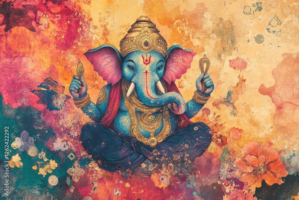 Obraz premium Vibrant depiction of Lord Ganesha in colorful floral design, representing wisdom and prosperity in Hindu culture