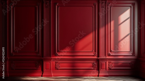 Elegant red wall with detailed molding and soft shadows showcasing intricate craftsmanship in a well-lit space