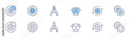 Engineering icon set in two styles, Duotone and Thin Line style. Editable stroke. brake, clutch disc, drawing compass, engine, engineering, gears