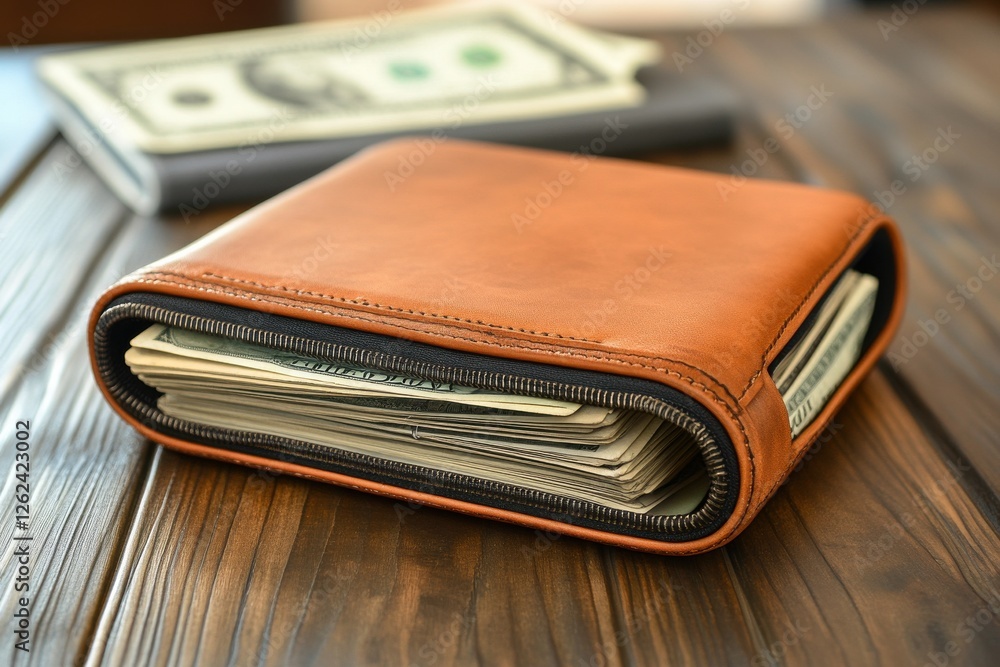Brown leather wallet filled with cash and placed on a wooden table in a well-lit room Brown leather wallet filled with cash and placed on a wooden table in a well-lit room