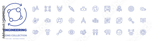 Engineering icons collection. Thin Line icons, editable stroke. damper, drawing compass, drone, electric motor, engine, manifold, medal, metabolism, milling machine.