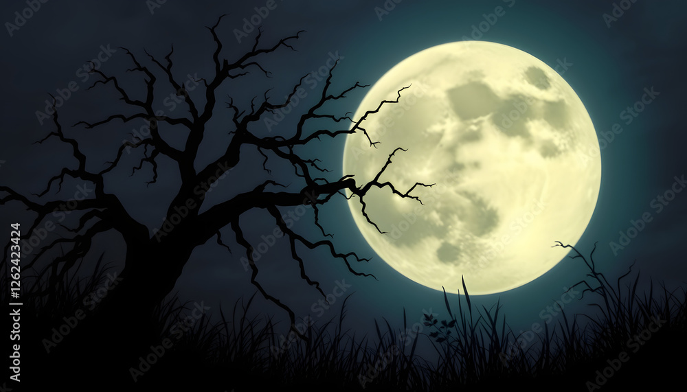 Spooky halloween background with silhouette dead tree at night full moon, close-up. with white shades Spooky halloween background with silhouette dead tree at night full moon, close-up. with white shades