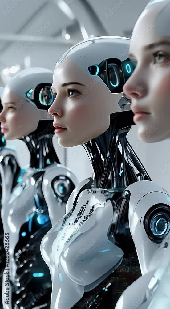 androids reflecting advanced technologies motion slow ai female stand ...