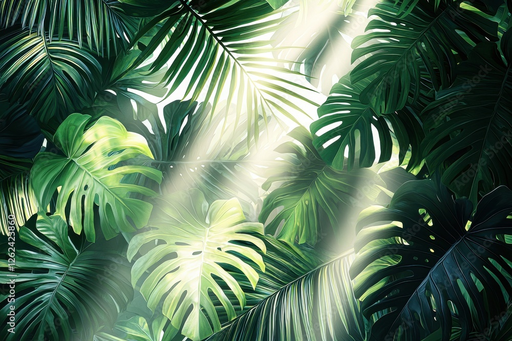 A lush and vibrant tropical foliage scene featuring monstera and palm leaves illuminated by radiant sunbeams, creating a serene and inviting natural green paradise. A lush and vibrant tropical foliage scene featuring monstera and palm leaves illuminated by radiant sunbeams, creating a serene and inviting natural green paradise.