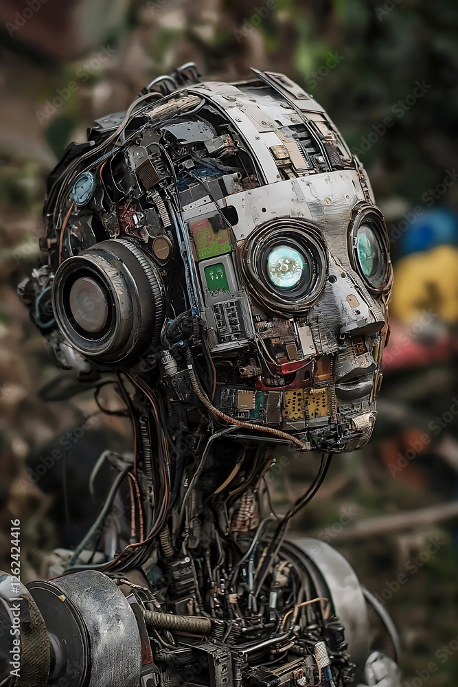 Fototapeta premium Robot sculpture made from electronic waste highlights innovative recycling efforts in renewable technology
