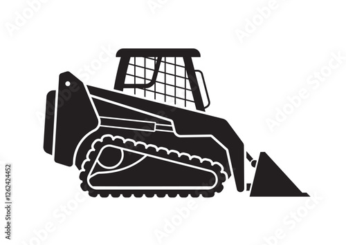 compact tracked skid steer loader earthmover digger construction vehicle silhouette side view simplified vector isolated on transparent background