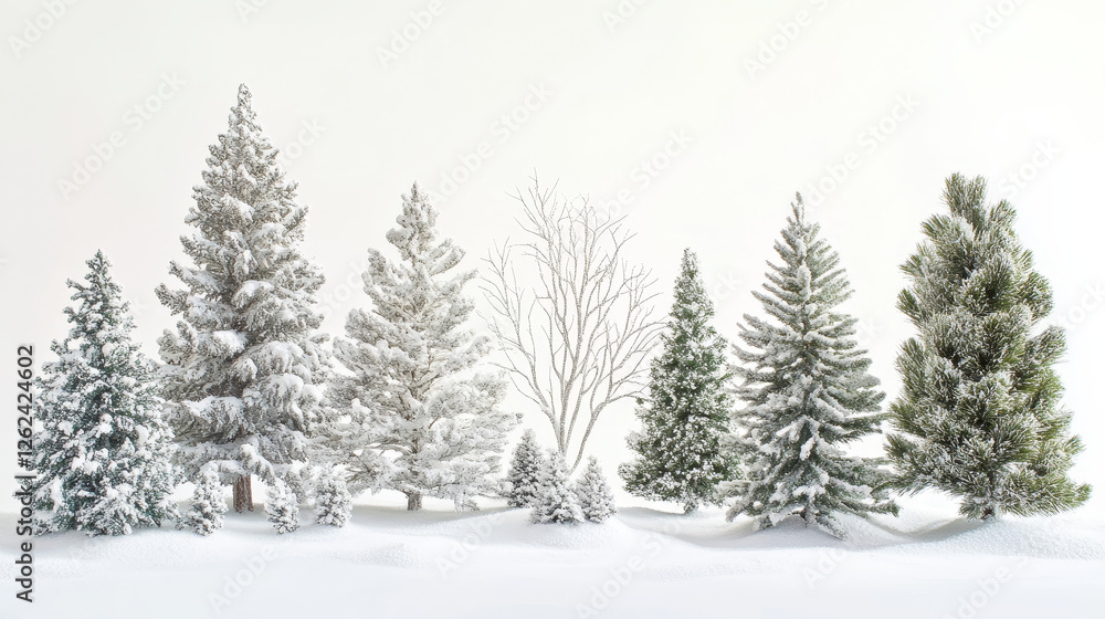 Cartoon winter trees, isolated vector wintertime forest and garden plants with snow on branches. Birch, spruce, oak, maple or elm in park or wood, natural seasonal winter landscape tree Cartoon winter trees, isolated vector wintertime forest and garden plants with snow on branches. Birch, spruce, oak, maple or elm in park or wood, natural seasonal winter landscape tree