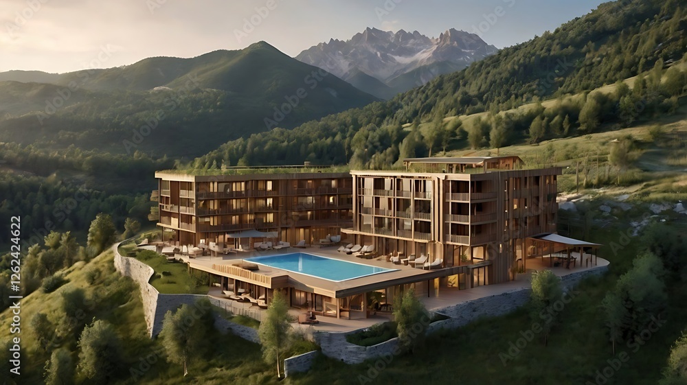Naklejka premium swiss alpine village Modern Hillside Resort with Pool, Scenic Mountain Landscape