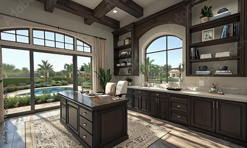 Luxurious Home Office with Pool View.