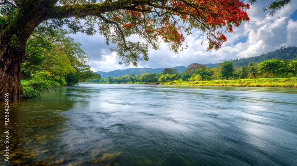 Tranquil river scene under a flowering tree canopy