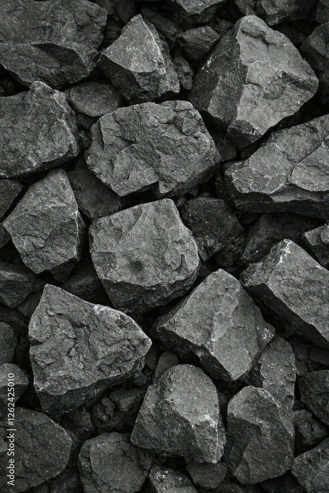 Black rocks piled as a wall. Textures for backdrop. Construction background