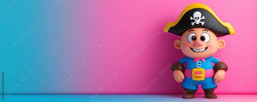 A cheerful cartoon pirate character stands against a vibrant blue and pink background, exuding a playful and adventurous spirit. A cheerful cartoon pirate character stands against a vibrant blue and pink background, exuding a playful and adventurous spirit.
